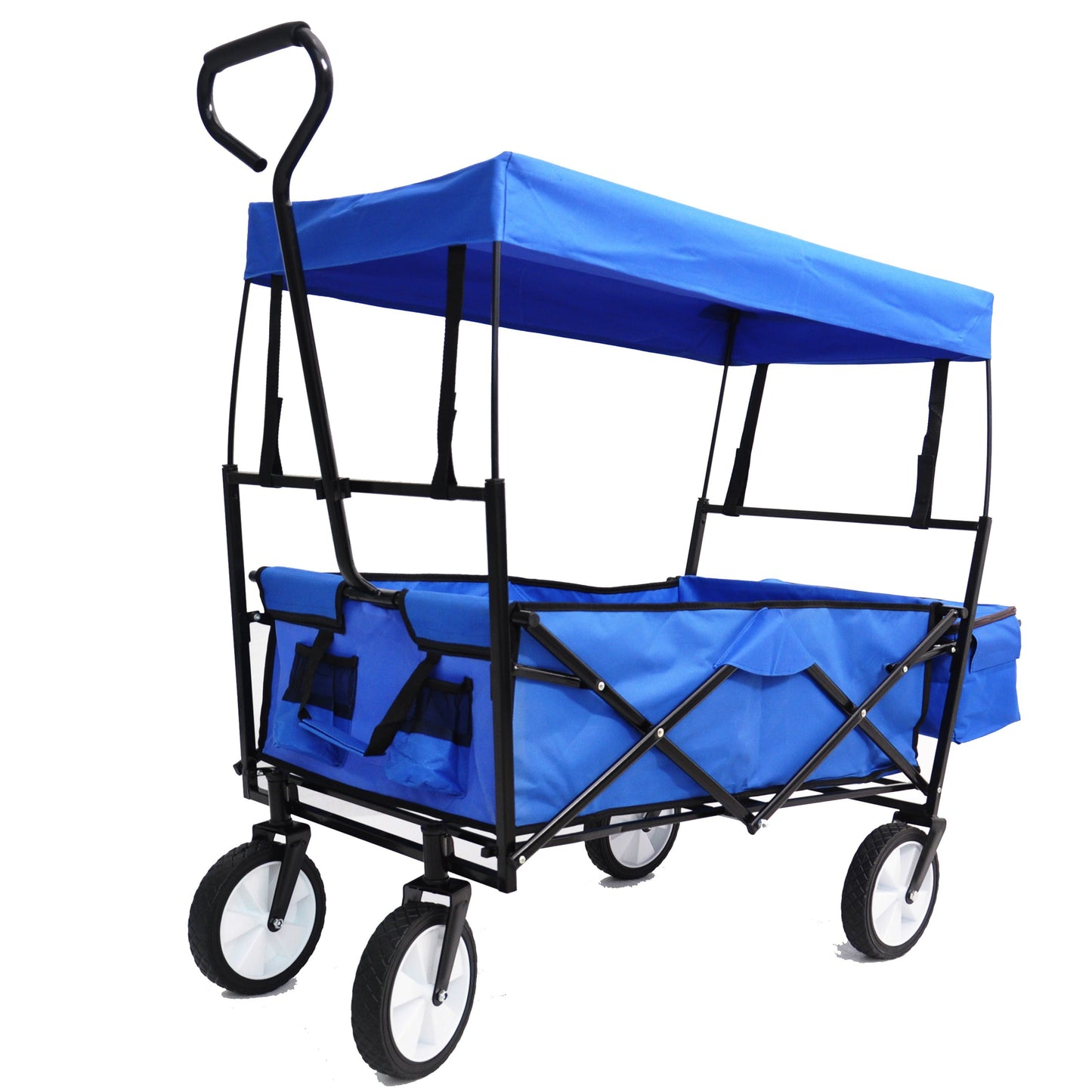 Branax Folding Wagon Cart with Canopy, Heavy-Duty Garden Cart with All-Terrain Wheels and Cup Holder, Beach Wagon Cart with 150lbs Capacity for Trip Camping, Blue