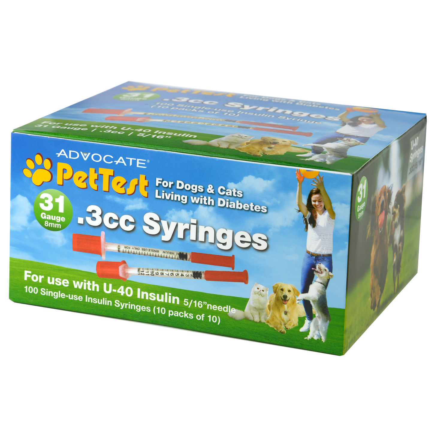 PetTest U-40 Pet Insulin Syringes With Needles - Comfortable Thin 31 Gauge Needles - For Cats & Dogs