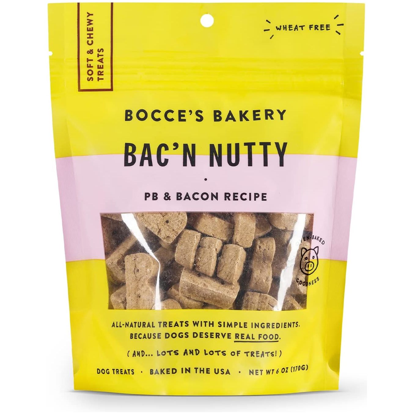 Bocce's Bakery Oven Baked Bac'N Nutty Treats for Dogs PB & Bacon Recipe 6 oz