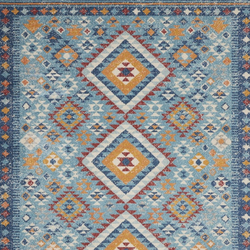 8' Blue And Orange Geometric Dhurrie Runner Rug