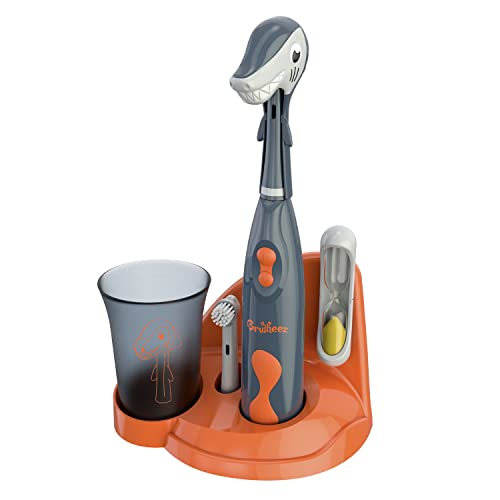 Brusheez® Kids�?Electric Toothbrush Set - Safe & Effective for Ages 3+ - Parent Tested & Approved with Gentle Bristles, 2 Brush Heads, Rinse Cup, 2-Minute Timer, & Storage Base (Shadow The Shark)