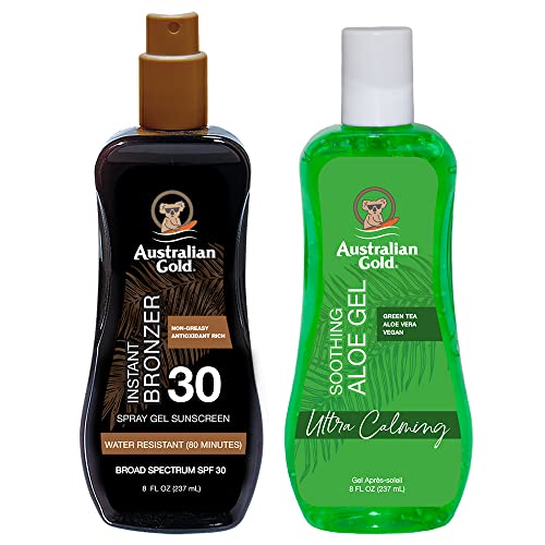 Australian Gold Sunscreen Gel Spray with Bronzer + Soothing After Sun Aloe Vera Gel, Hydrating Sunburn Relief & Broad Spectrum UVA/UVB SPF 30 Sunscreen Spray, Cruelty-Free & Vegan Skin Care Set