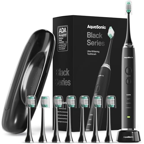 Aquasonic Black Series Ultra Whitening Toothbrush �?ADA Accepted Power Toothbrush - 8 Brush Heads & Travel Case �?40,000 VPM Electric Motor & Wireless Charging - 4 Modes w Smart Timer
