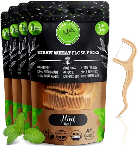 Biodegradable Dental Floss Picks - Natural Plastic Free Handle | Thin Thread Tooth Flossers for Adults & Kids Toothpick Stick Soft on Gum Teeth Eco Friendly Zero Waste Vegan Organic (200, Mint)