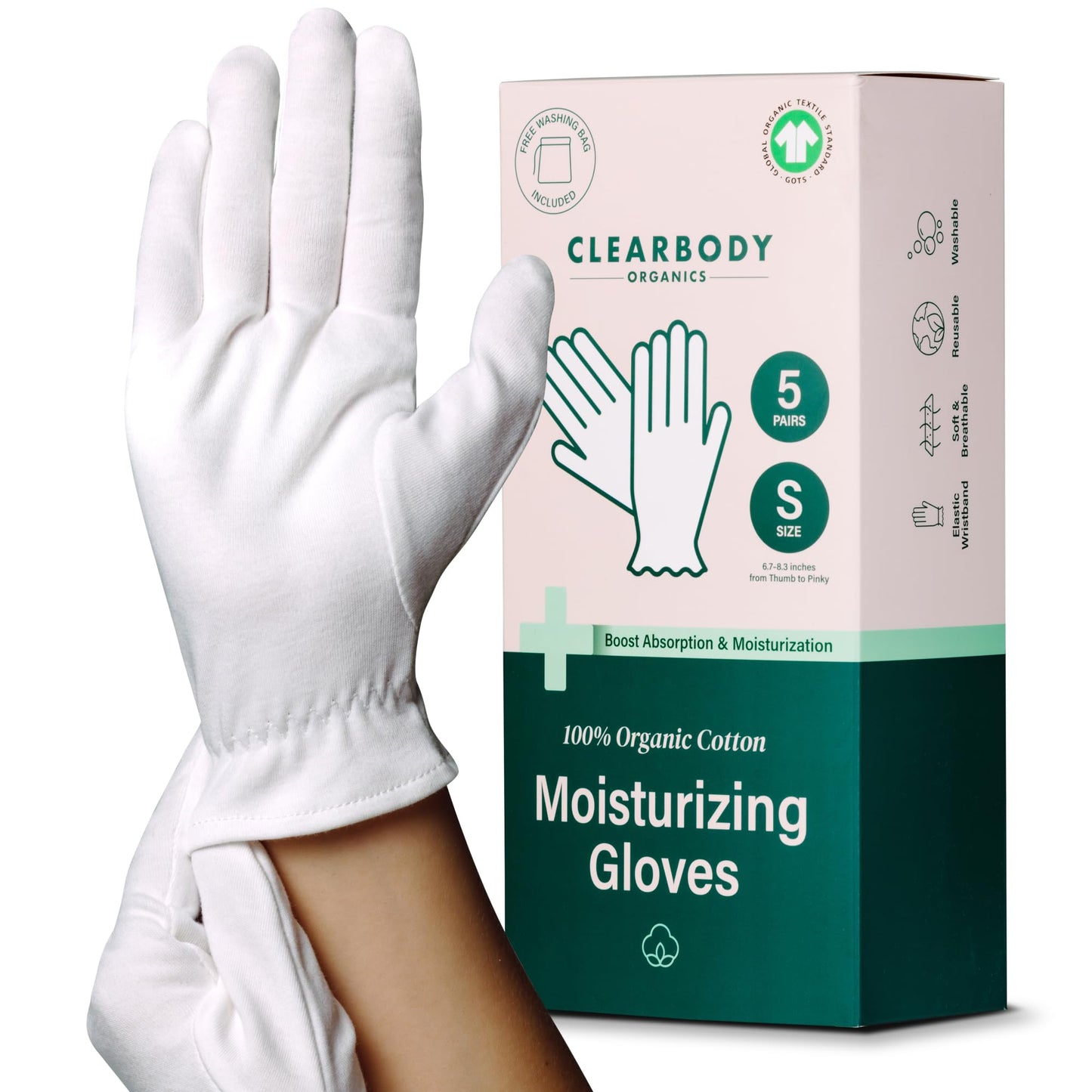 Clearbody Organics Small White Organic Cotton Gloves 5 Pairs (10 Pcs) �?100% Organic Cotton Gloves for Dry Hands –Reusable Moisturizing Gloves for Cracked Hands Repair