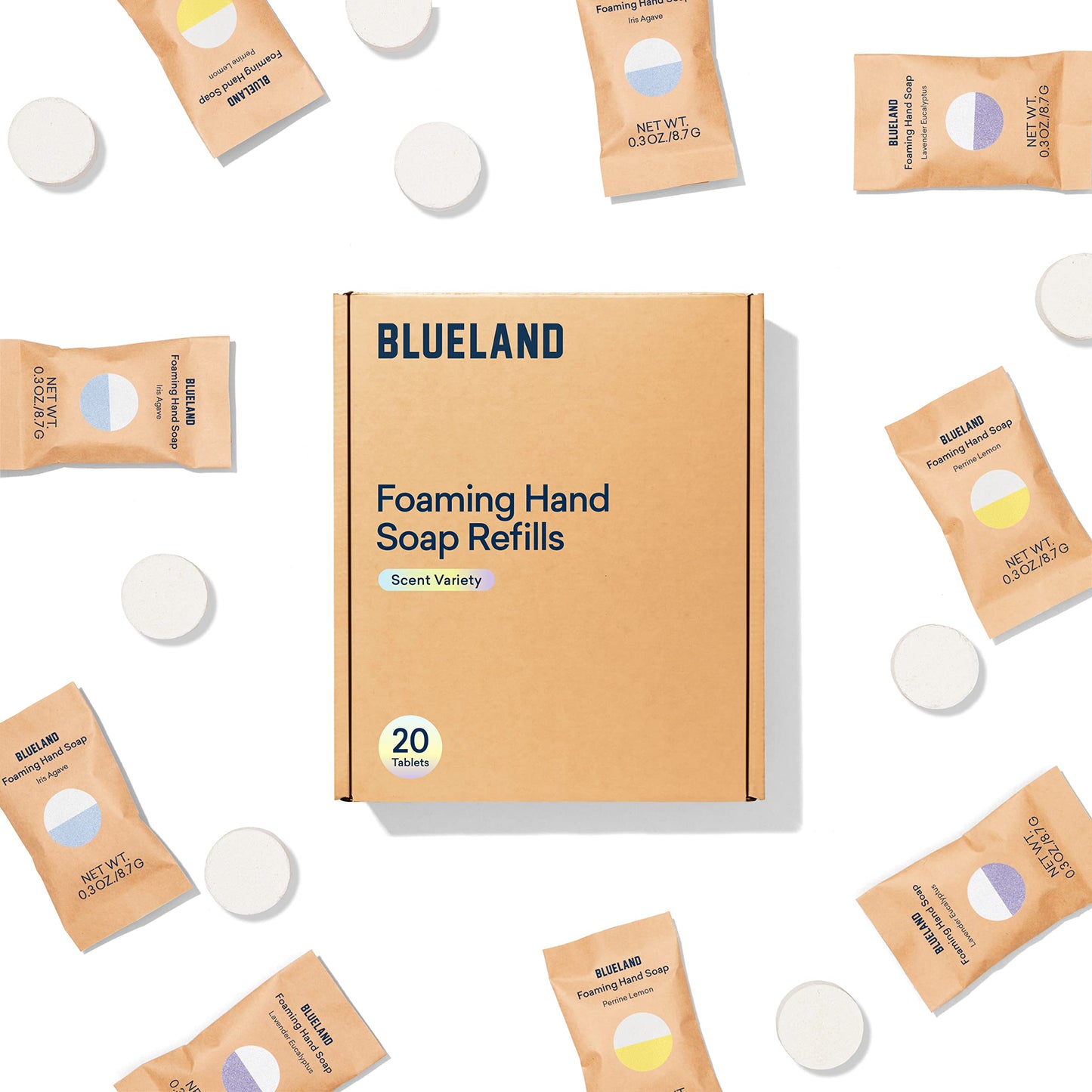 BLUELAND Foaming Hand Soap Refills - 20 Pack Tablets, Variety Scents, Eco Friendly Hand Soap and Cleaning Products - Makes 20 x 9 Fl oz bottles (180 Fl oz total)