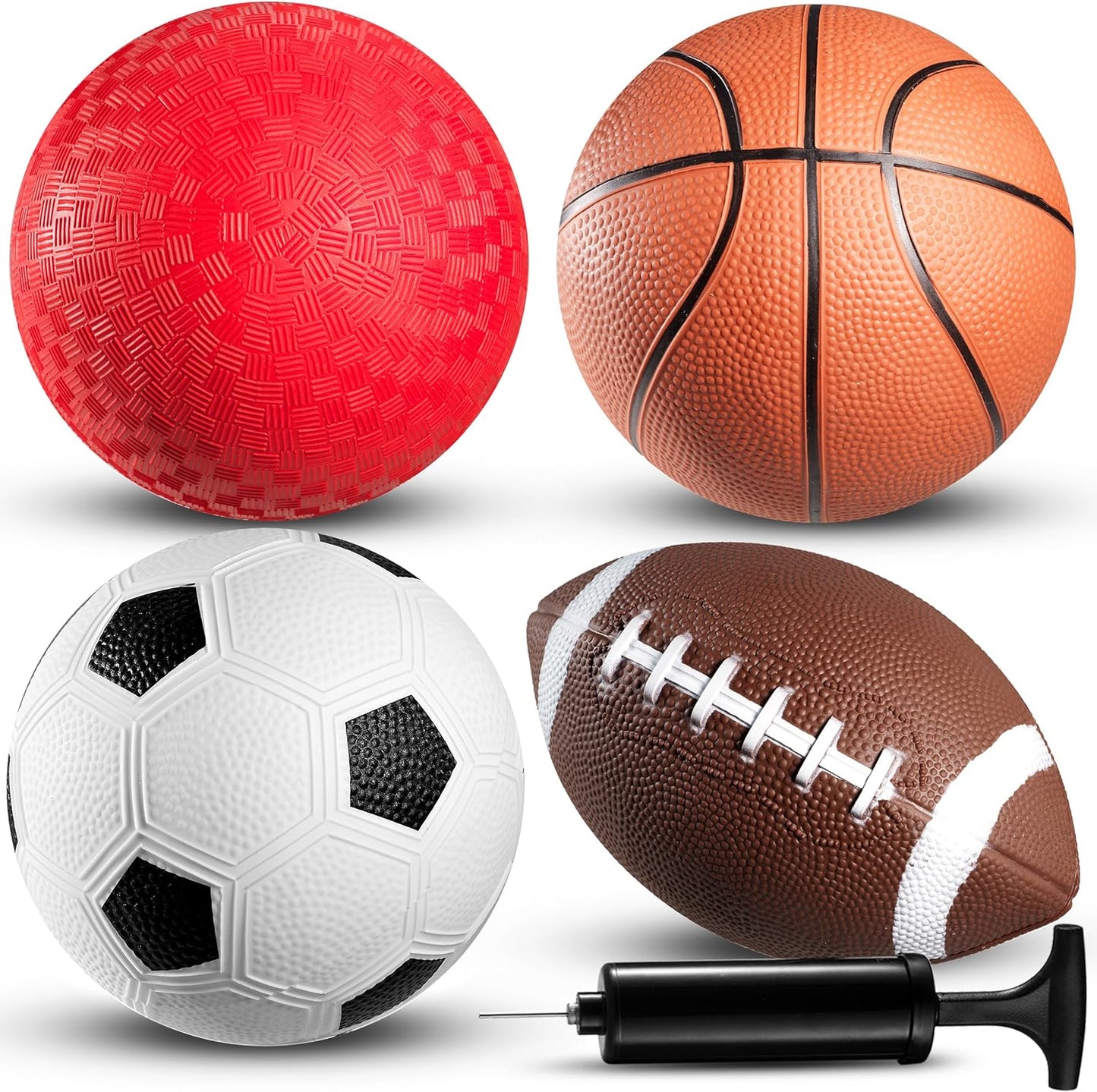 Bedwina Sports Balls for Kids and Toddlers - (Pack of 4) 5-Inch Sports Ball Toy Set Includes Football, Soccer Ball, Basketball and Playground, for Fun Indoor & Outdoors, (Hand Pump Included)