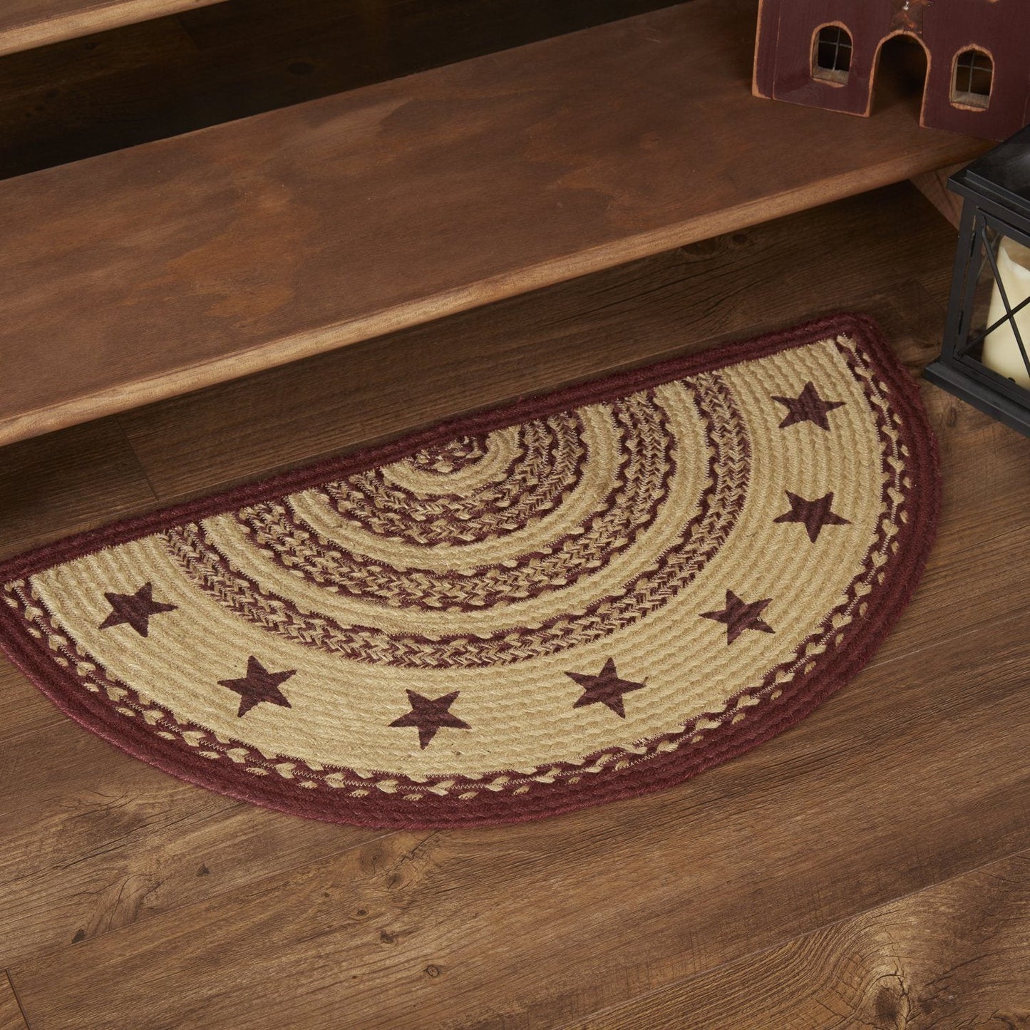 Burgundy and Tan Stencil Star Half Circle Braided Rug 16.5x33" - with pad