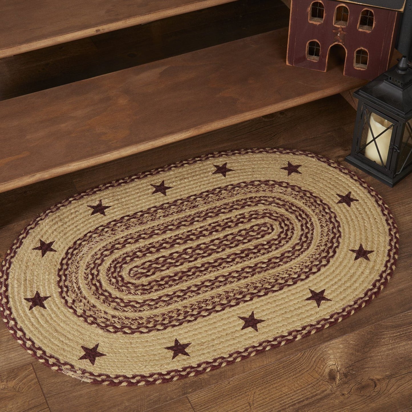 Burgundy and Tan Stencil Star Oval Braided Rug 24x36" - with pad