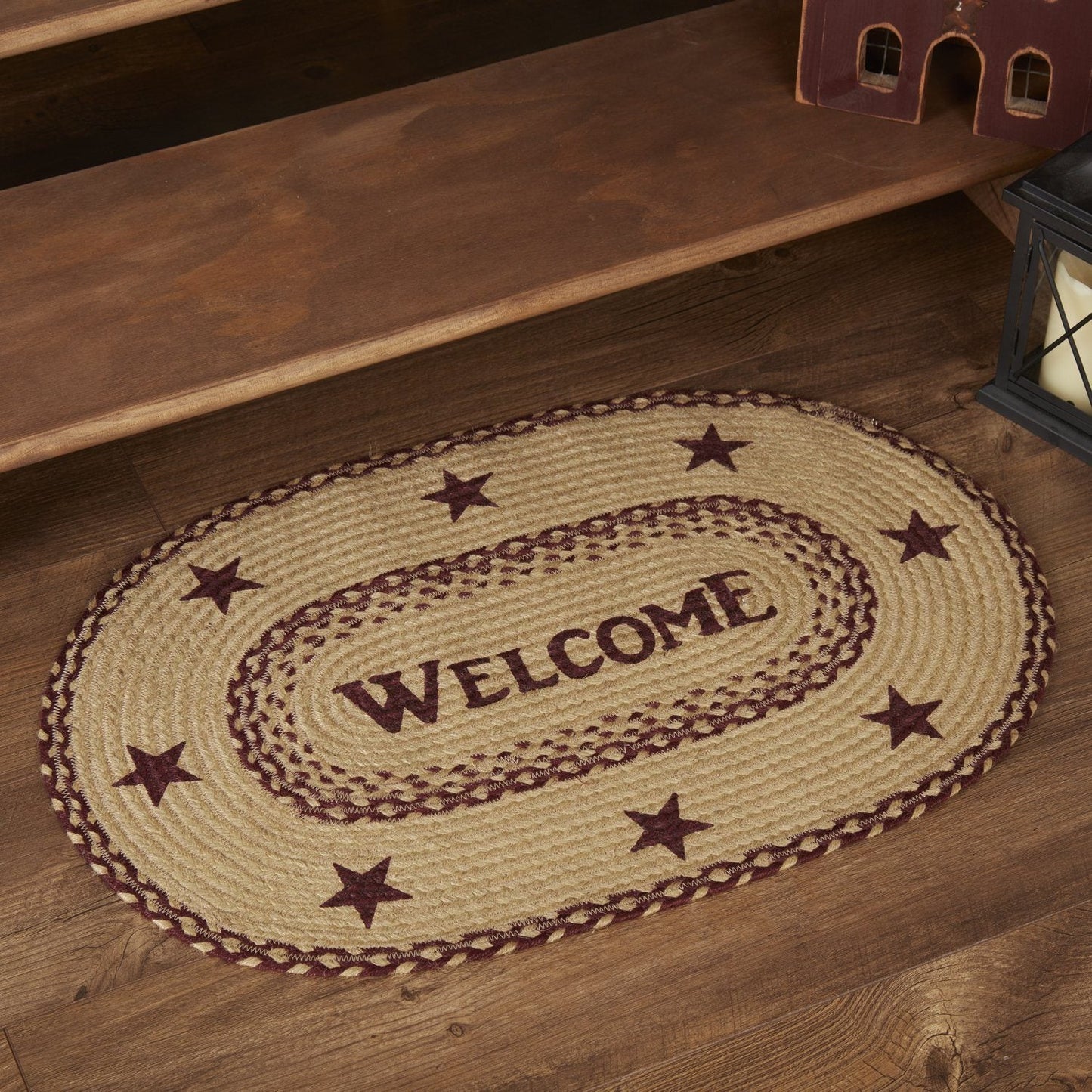 Burgundy and Tan "Welcome" Oval Braided Rug 20x30" - with pad