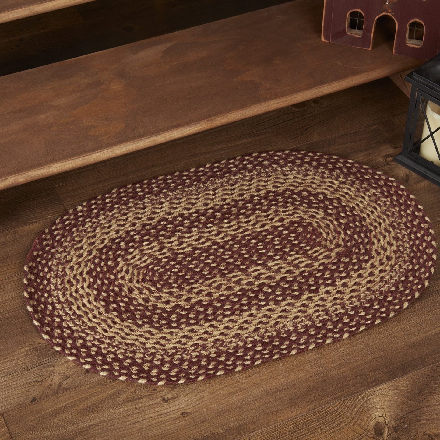 Burgundy and Tan Oval Braided Rug 20x30" with pad