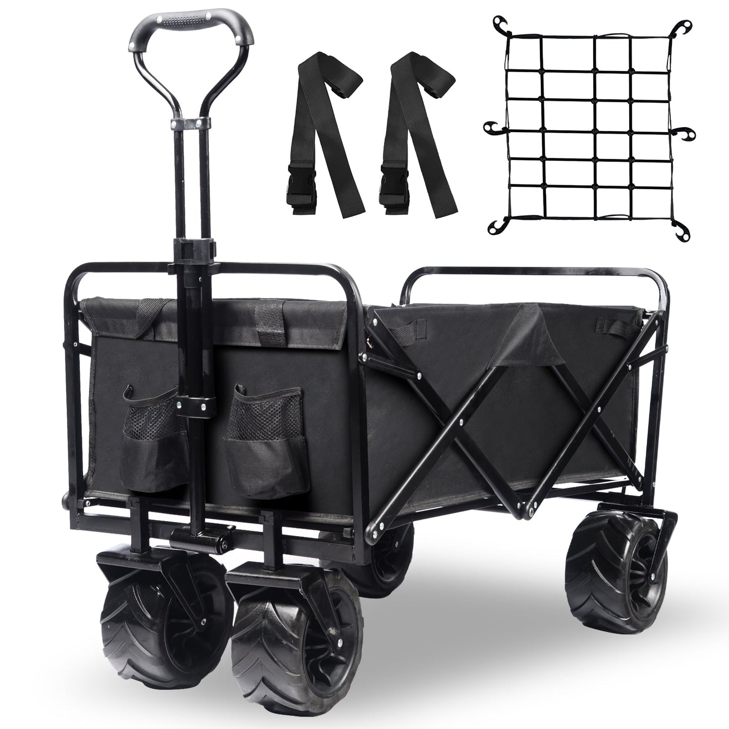 Collapsible Heavy Duty Beach Wagon Cart Outdoor Folding Utility Camping Garden Beach Cart with Universal Wheels Adjustable Handle Shopping (Black)