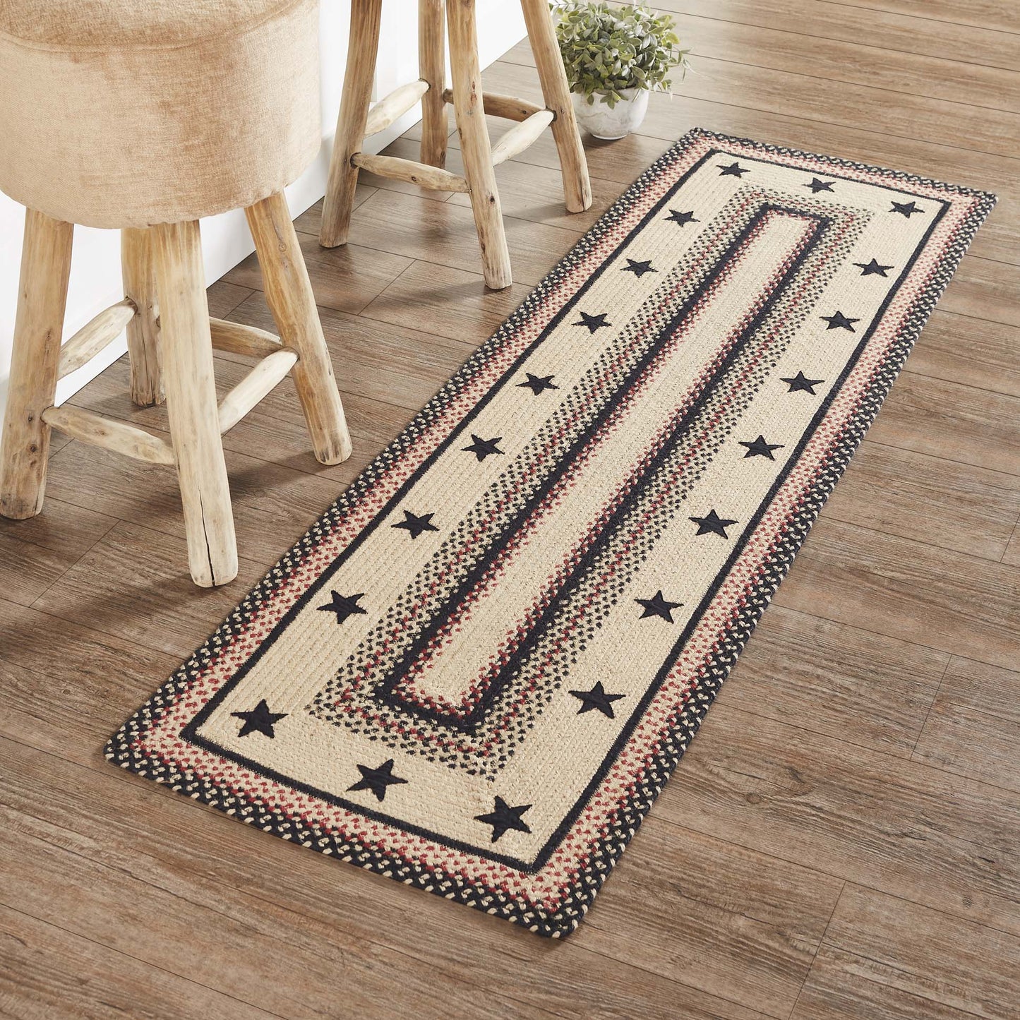 Colonial Star Rectangle Braided Rug 22x72" Runner - with Pad