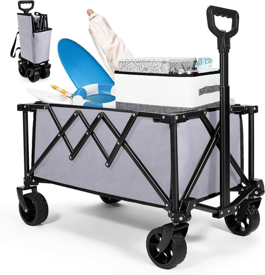 ERAMENT Beach Wagon Cart Foldable Travel Cart,Heavy Duty Utility Collapsible Wagon with All-Terrain Wheels,Portable Beach Wagon,Load Capacity 200 lbs¨ÛSuitable for Shopping, Sports, Camping, Grey