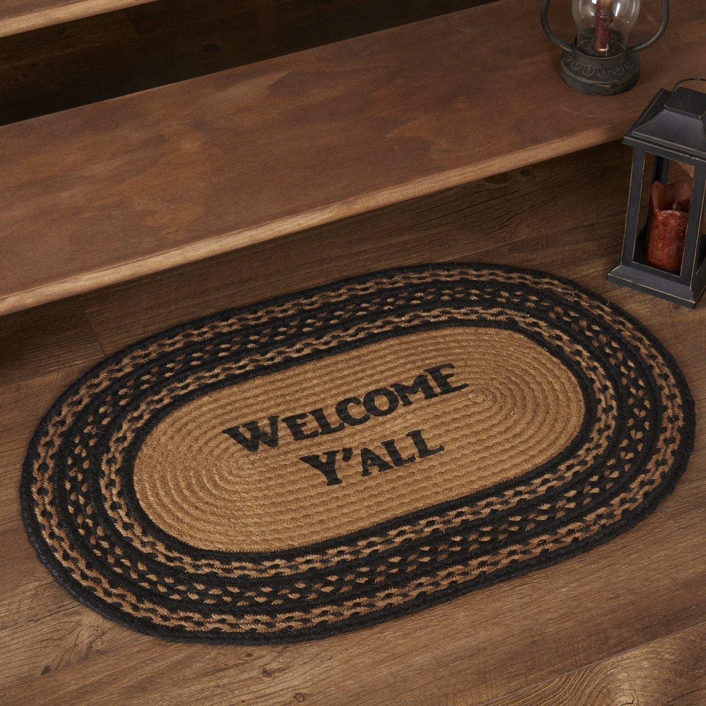 Farmhouse Star "Welcome Ya'll" Oval Braided Rug 20x30" - with Pad