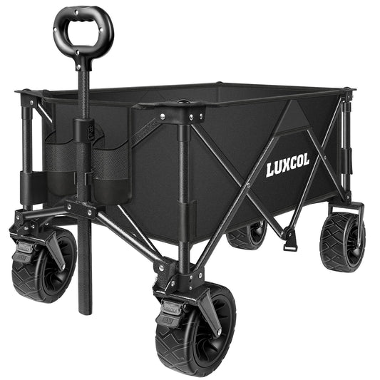 LUXCOL Collapsible Wagon Cart Black, Foldable Wagon Cart 601D Oxford Cloth, Collapsible Wagon Oversized Wheels, Portable Folding Wagon Adjustable Handles, Beach, Garden, Sports