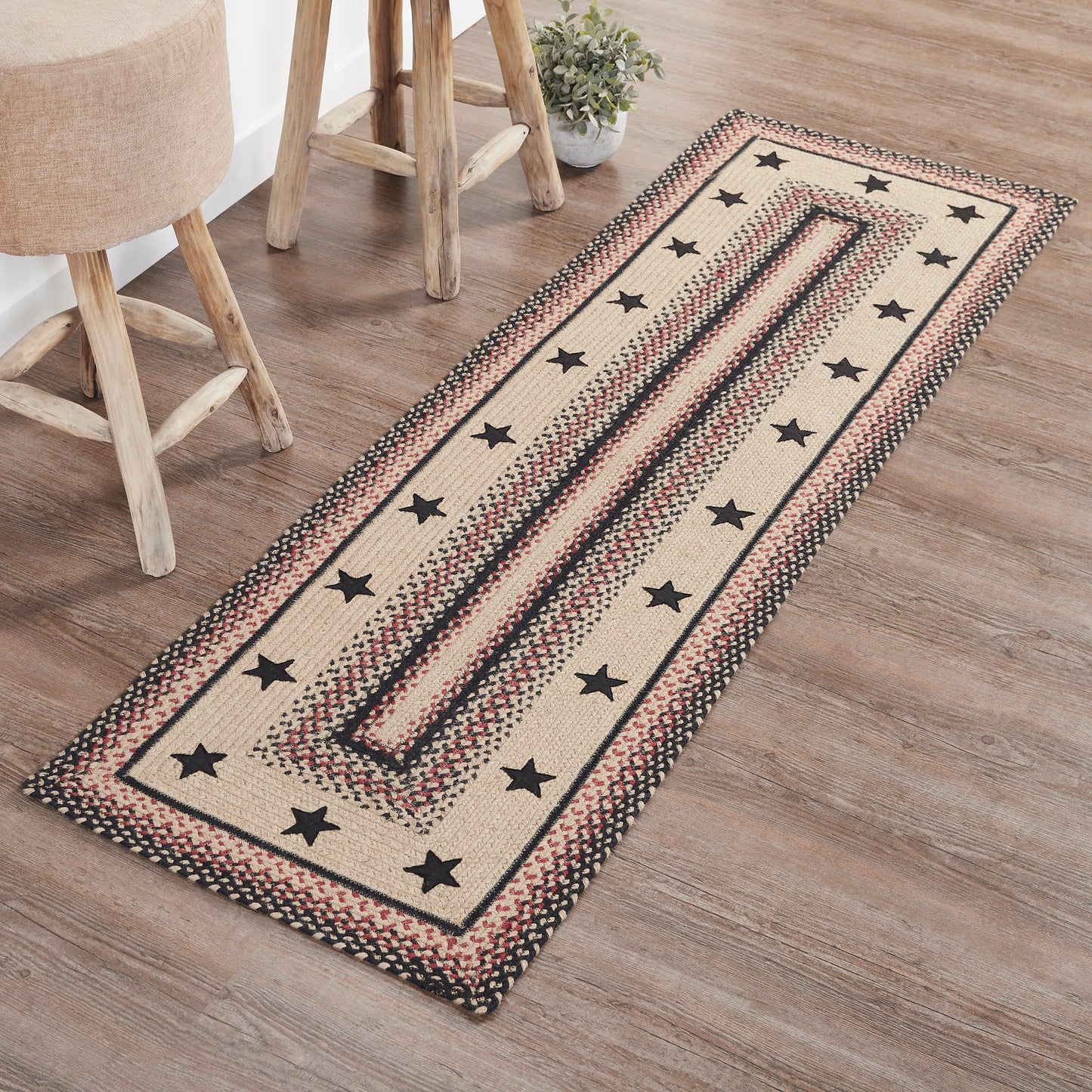 Colonial Star Rectangle Braided Rug 24x78" Runner - with Pad