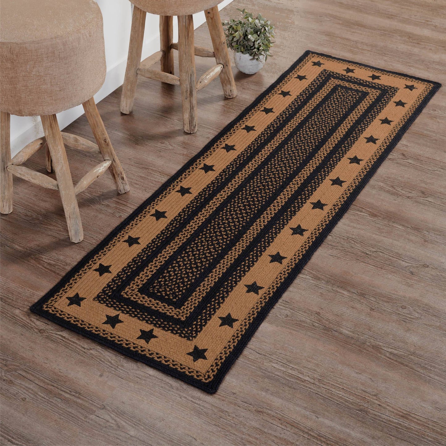 Farmhouse Star Rectangle Braided Rug 24x78" Runner - with Pad