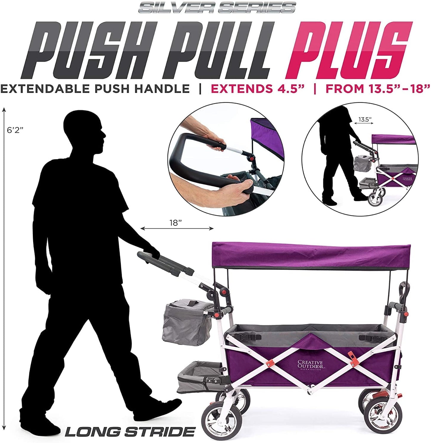 Creative Outdoor Push-Pull Collapsible Folding Wagon for Kids With Removable Coller, Canopy, Adjustable Handle- Purple