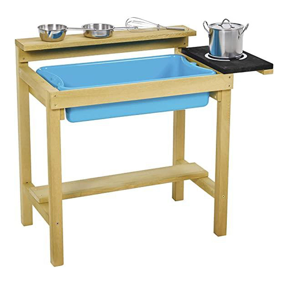 Eco Friendly Montessori Natural Wood Kids Mud Kitchen with 4PC Utensils | Wooden Toy Kitchen | 3 Years+