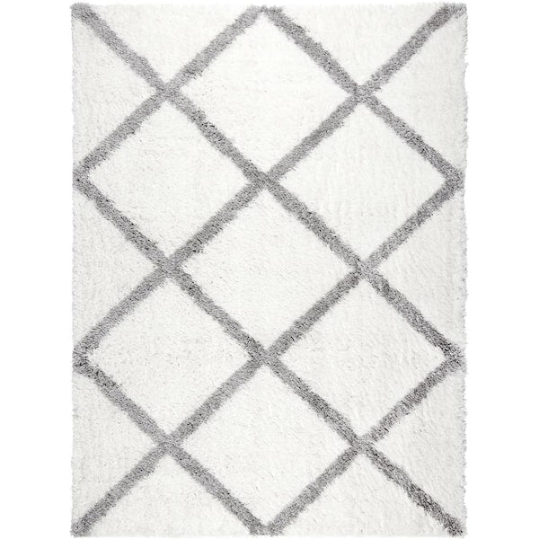 5ft. x 7ft. Plush Area Shag Rug Trellis Print, Ivory/Grey