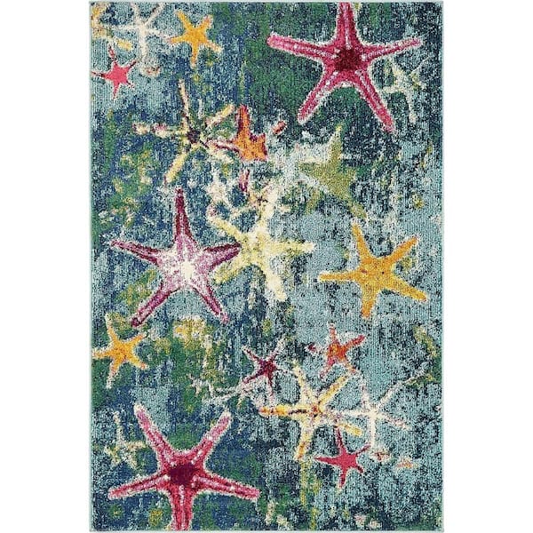 Throw Rug Area Navy Blue 4 ft. x 6 ft. Positano Seashore Design Stain Resistant