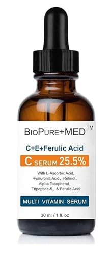 BioPureMED 25% Vitamin CE+Ferulic Acid Serum for Face: Anti Wrinkle Serum with Tripeptide-5, Retinol 22, Hyaluronic Acid Best Organic Korean Skin Care Formula Vitamin C Serum/Face Moisturizer