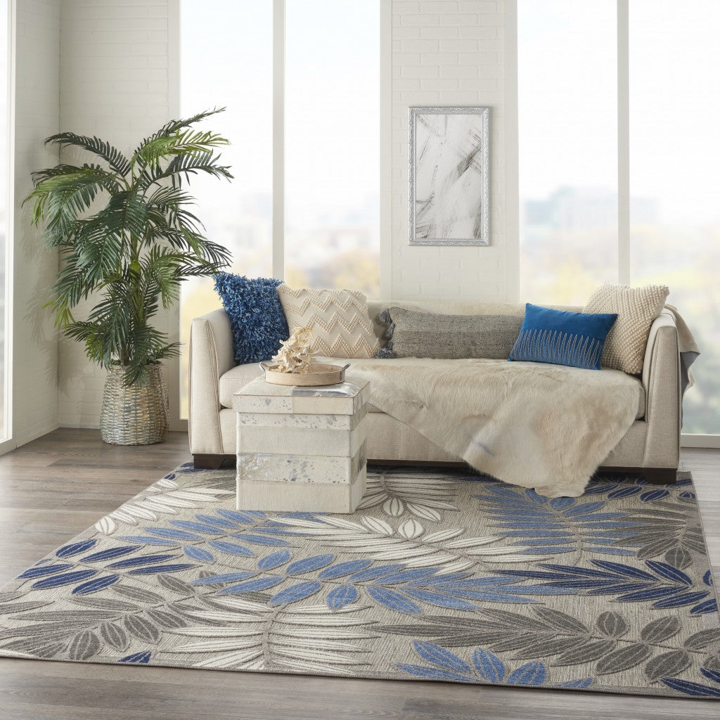 5' X 7' Blue And Gray Floral Stain Resistant Indoor Outdoor Area Rug