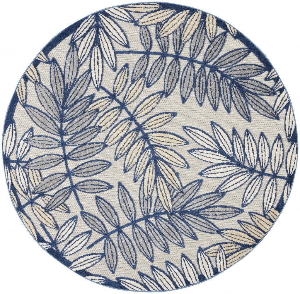 5' Round Ivory And Blue Round Floral Indoor Outdoor Area Rug