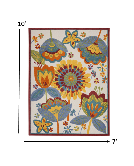 5' Round Yellow And Ivory Round Floral Indoor Outdoor Area Rug