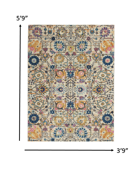 4' X 6' Orange And Ivory Floral Power Loom Area Rug