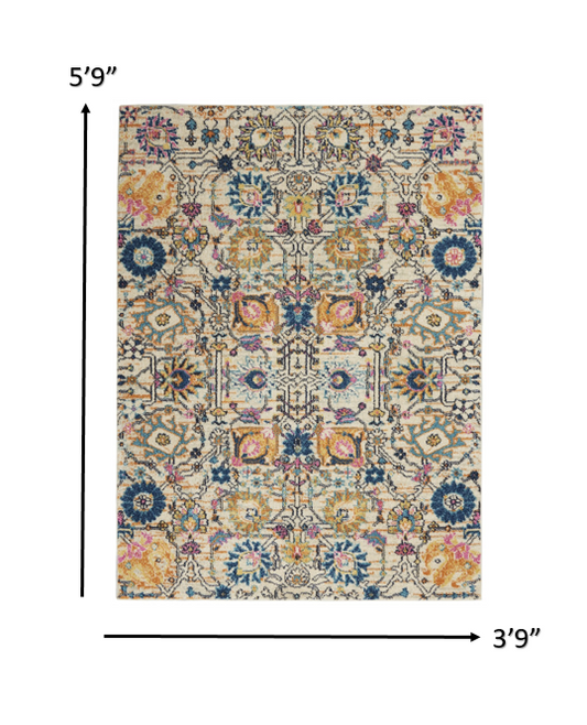4' X 6' Orange And Ivory Floral Power Loom Area Rug