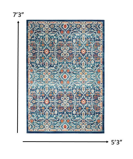 5' X 7' Blue And Ivory Floral Power Loom Area Rug