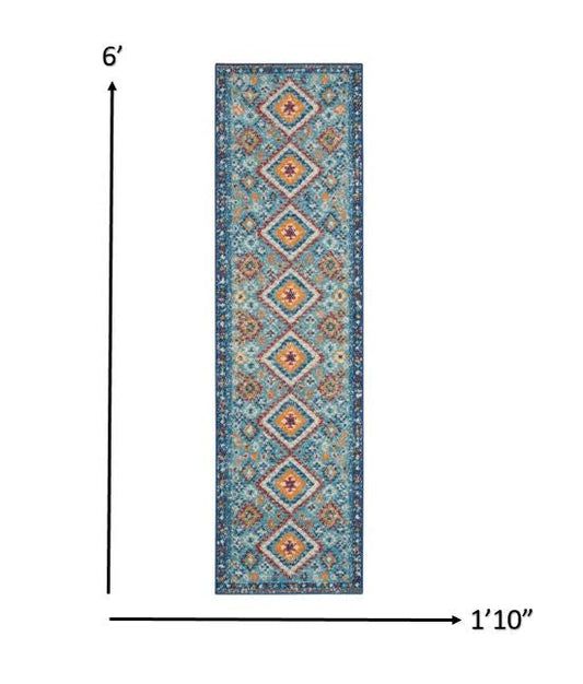 8' Blue And Orange Geometric Dhurrie Runner Rug
