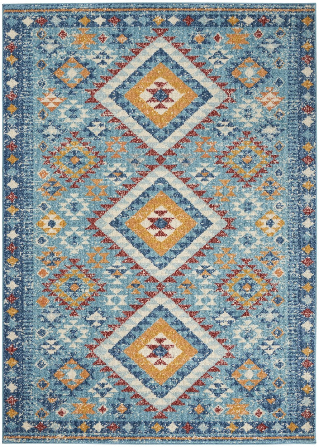 8' Blue And Orange Geometric Dhurrie Runner Rug