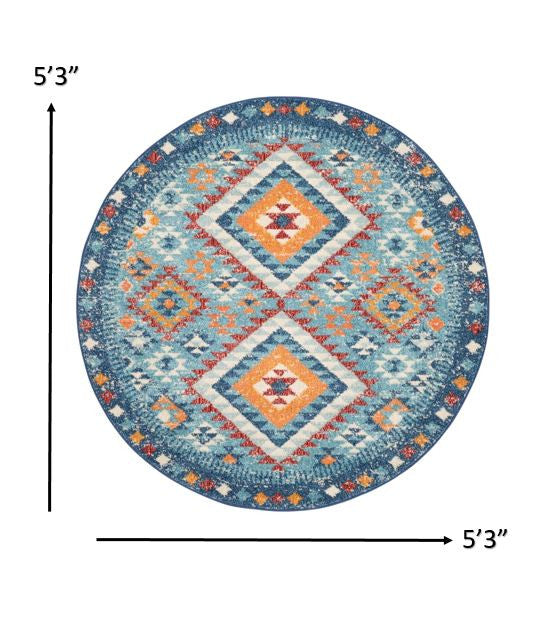 8' Blue And Orange Geometric Dhurrie Runner Rug