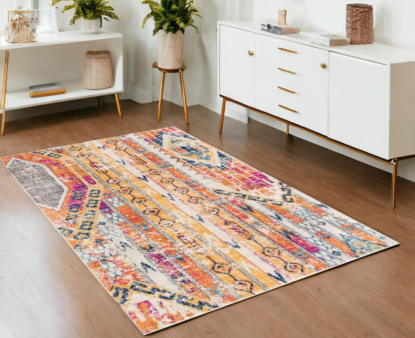 4' x 6' Orange and Ivory Southwestern Dhurrie Area Rug