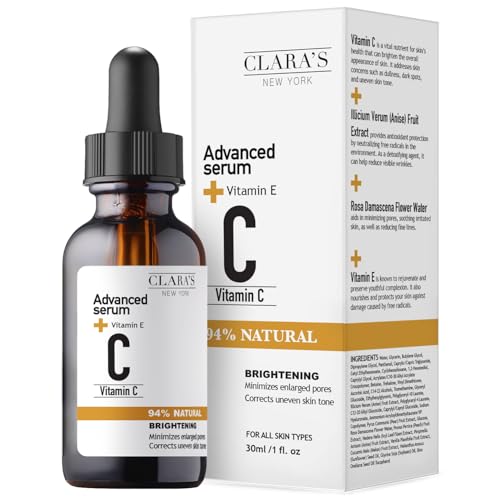 CLARA'S NEW YORK | Vitamin C Facial Serum | with Hyaluronic Acid, Ascorbic Acid, Niacinamide, Probiotics | Reduce Dark Spot, Acne, Scars |Brightening, Antioxidant, Minimize pores |30ml | Made In USA