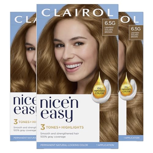 Clairol Nice'n Easy Permanent Hair Dye, 6.5G Lightest Golden Brown Hair Color, Pack of 3