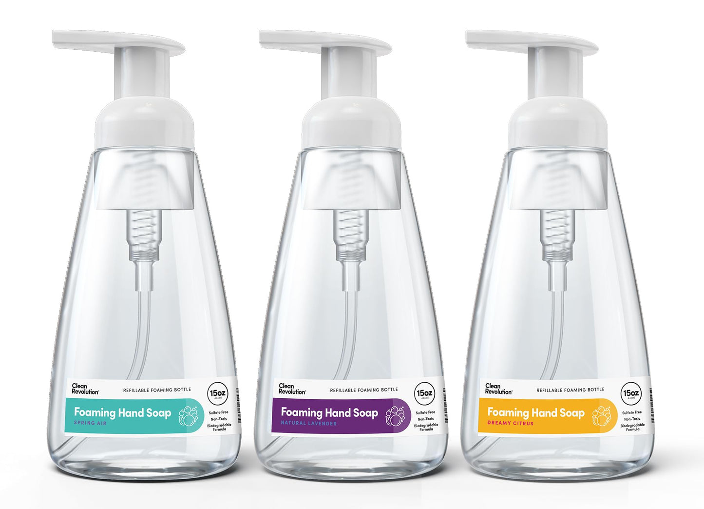 Clean Revolution Ready to Use Foaming Hand Soap, Fragrance Variety 3 Pack| Jumbo 15oz Bottles| Essential Oils|Dreamy Citrus|Fresh Lavender|Spring Air|45 Total Fl Oz, Clear