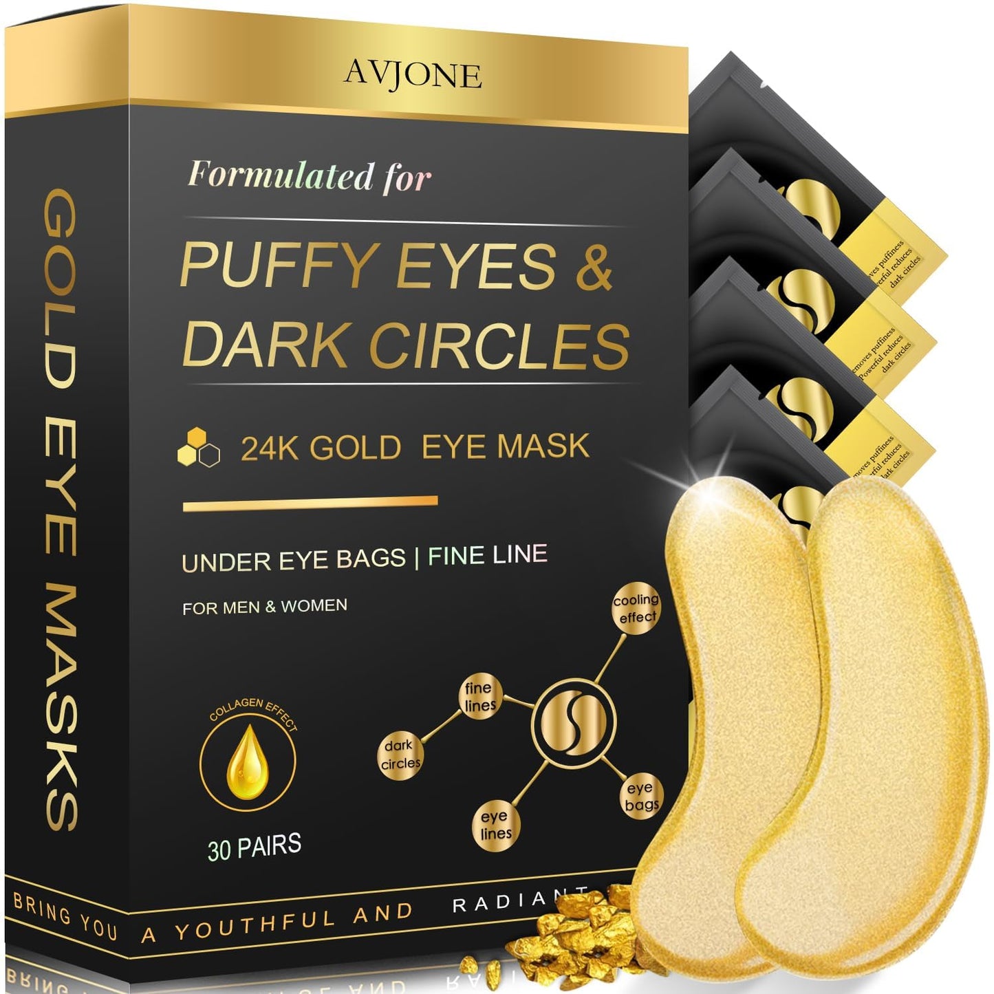 AVJONE 24K Gold Eye Mask -30 Pairs- Puffy Eyes and Dark Circles Treatments �?Relieve Pressure and Reduce Wrinkles, Revitalize and Refresh Your Skin (30 Pairs)