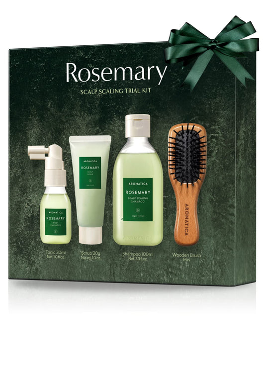 AROMATICA Rosemary Scalp Scaling Trial Kit - Travel Size Shampoo and Scalp Treatment with Mini Wooden Brush