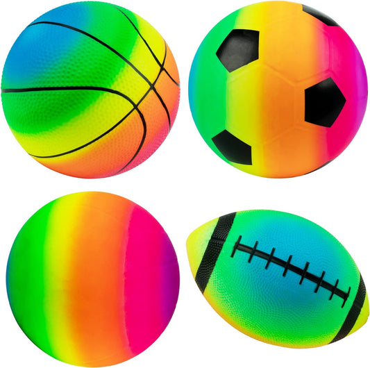 Rainbow Sports Balls Pack of 4, 1 Each of 8.5" Football, Basketball, Soccer and Volleyball for Playground, Inflatable Multi-Sport Ball Set with 1 Pump for Kids Outdoor Activities