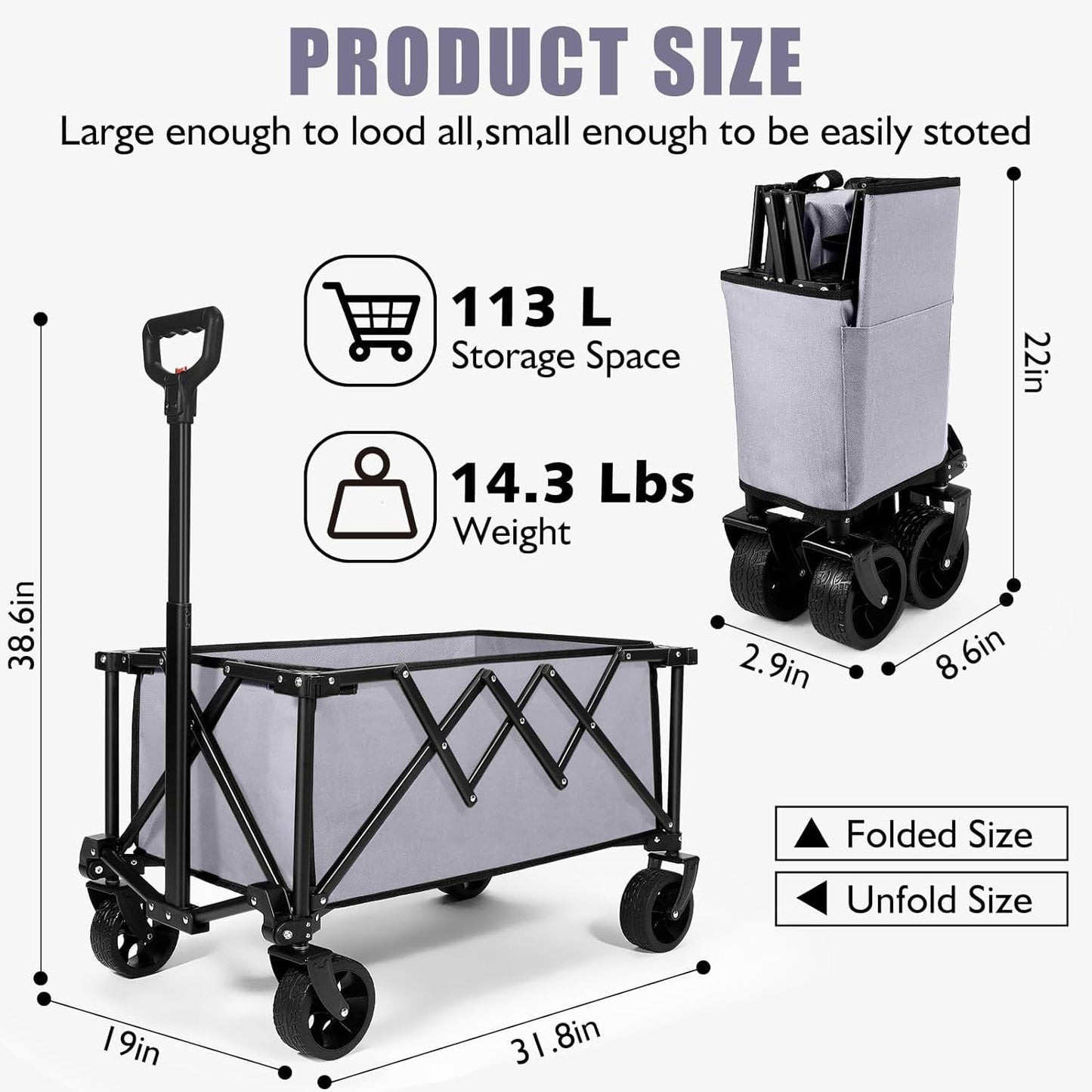 ERAMENT Beach Wagon Cart Foldable Travel Cart,Heavy Duty Utility Collapsible Wagon with All-Terrain Wheels,Portable Beach Wagon,Load Capacity 200 lbs¨ÛSuitable for Shopping, Sports, Camping, Grey