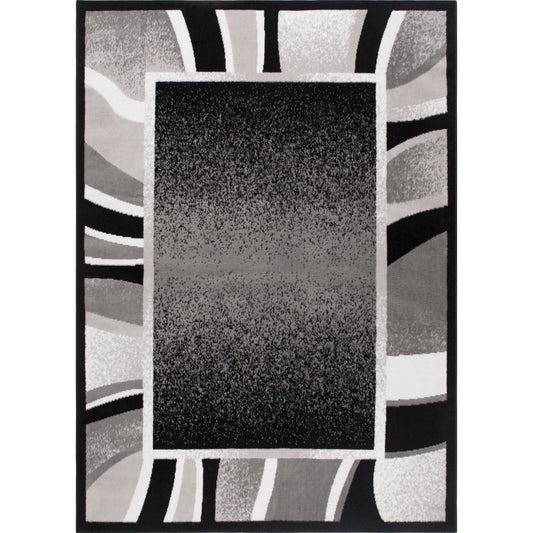 Abstract Border Runner Area Rug Black and Grey  88 x 62 Inches