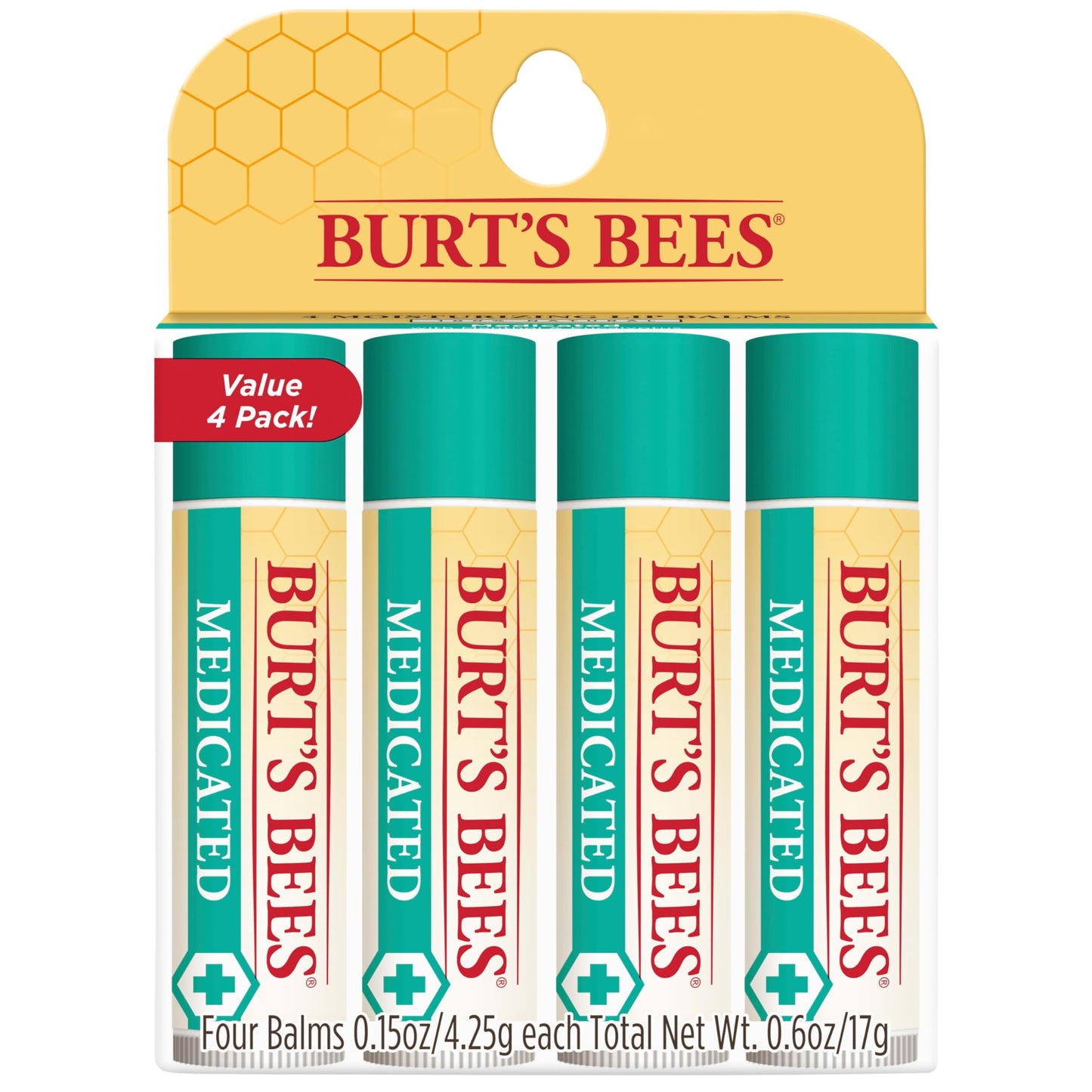 Burt's Bees Lip Balm Mothers Day Gifts for Mom - Medicated With Eucalyptus Oil and Menthol, Tint-Free, Natural Origin Lip Care, 4 Tubes, 0.15 oz.