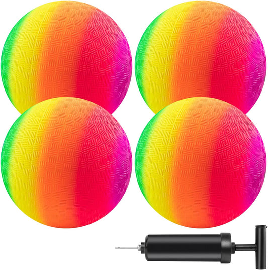 Playground Balls Kickballs 8.5 Inch, Rainbow Playground Ball Set for Kids and Adults, Dodgeball Kick Balls Handball for Indoor & Outdoor Schoolyard Games with Hand Pump(4 Pack)