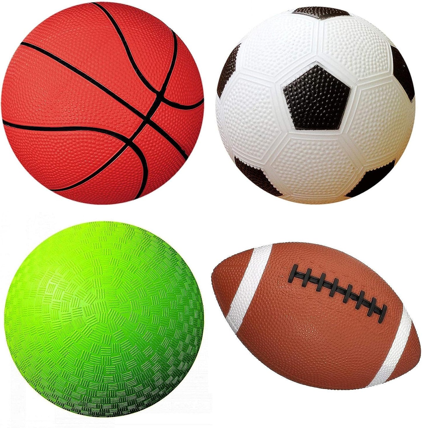 AppleRound Pack of 4 Sports Balls with 1 Pump for Toddlers and Kids: 1 Each of 5-Inch Soccer Ball, 5-Inch Basketball, 5-Inch Playground Ball, and 6.5-Inch Football (4 Balls and 1 Pump)