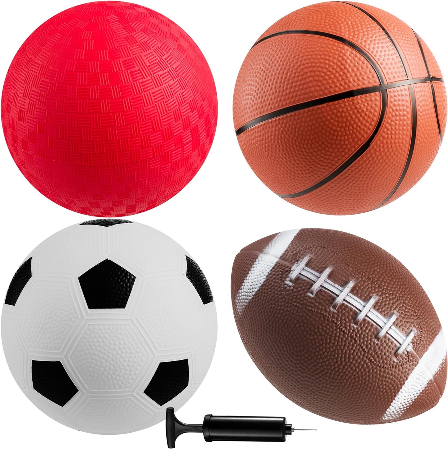 Bedwina Sports Balls for Kids and Toddlers - (Pack of 4) 5-Inch Sports Ball Toy Set Includes Football, Soccer Ball, Basketball and Playground, for Fun Indoor & Outdoors, (Hand Pump Included)