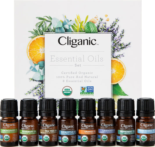 Cliganic Organic Aromatherapy Essential Oils Gift Set (Top 8), 100% Pure - Peppermint, Lavender, Eucalyptus, Tea Tree, Lemongrass, Rosemary, Frankincense & Orange